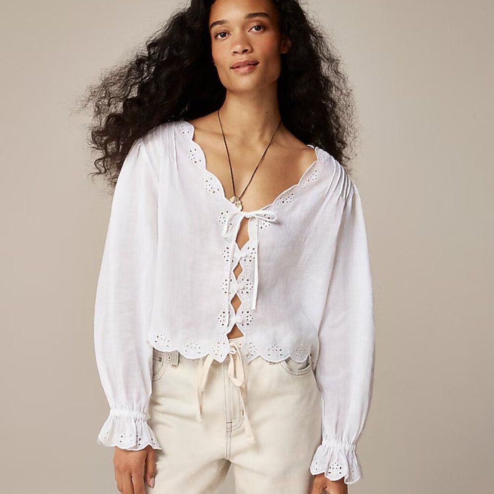 J. Crew White Eyelet Tie-Front Blouse